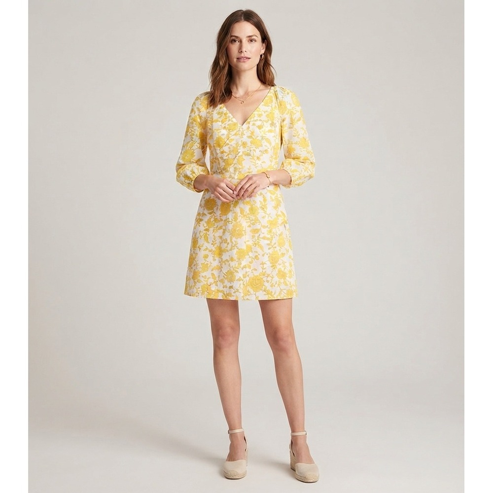 Loft Petites Yellow Floral Cotton V-Neck Mini Dress 8P Elegant Babydoll Cowgirl